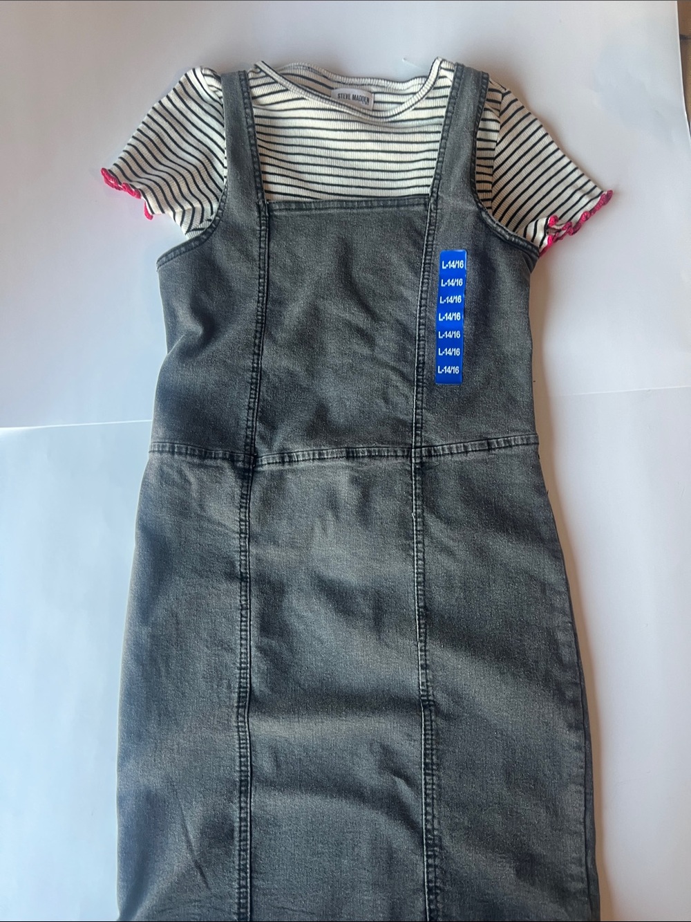 Steve Madden Black Denim Pinafore Dress with Striped Tee